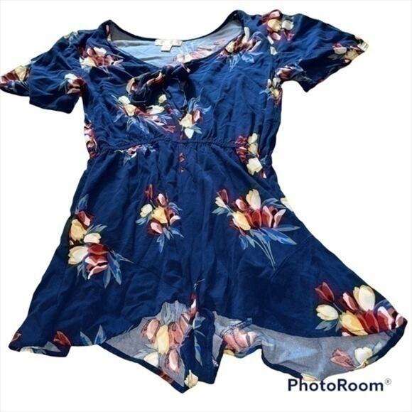 Navy blue floral band of gypsies romper with front tie - Picture 1 of 9